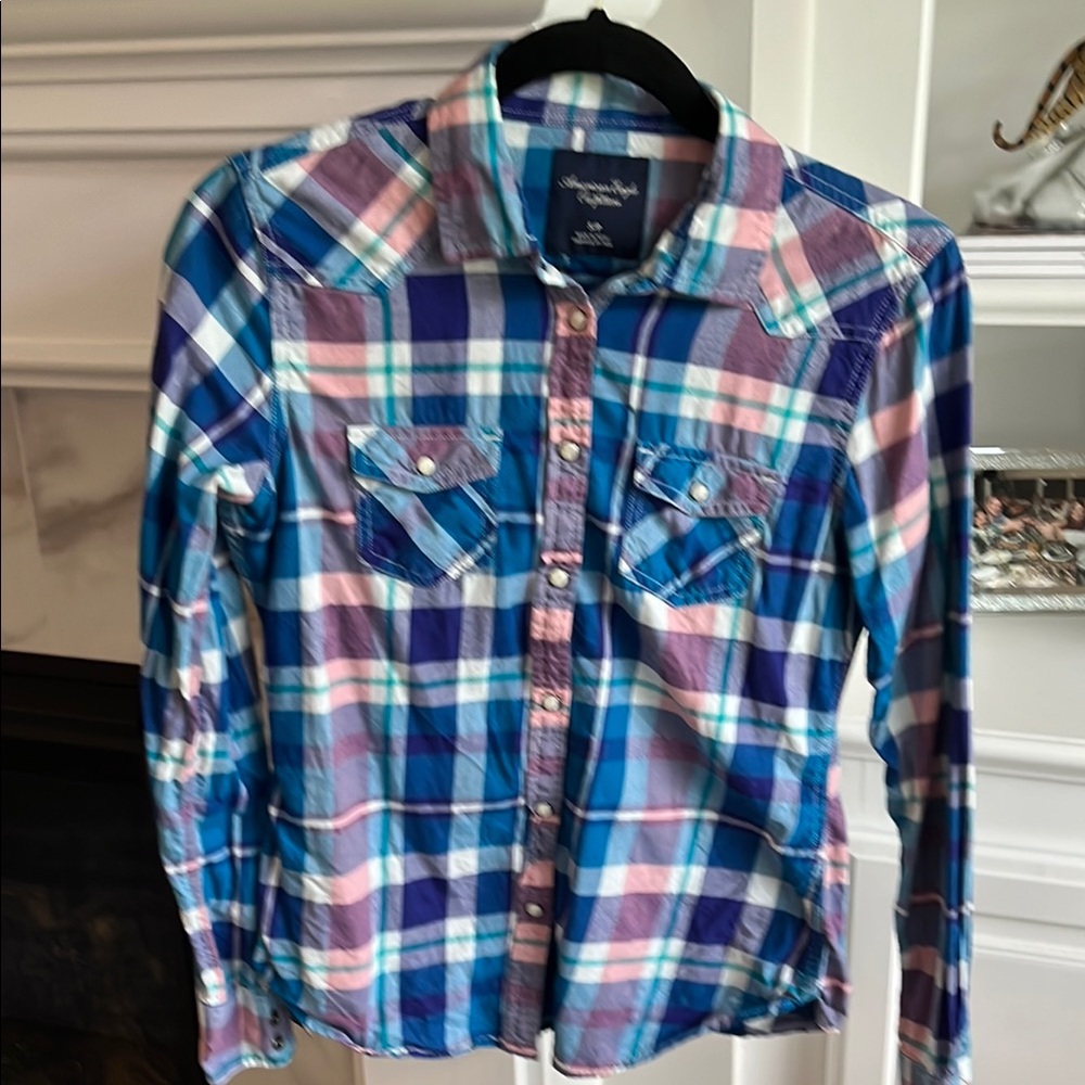 Plaid Button-Up Shirt in Blue and Pink